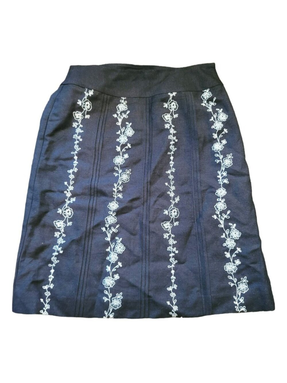 Ann Taylor Loft Black Linen Skirt White Floral Embroidery Pencil Sz 0 JJ3409